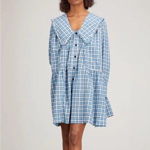 GANNI Seersucker Check Wide Shirt Dress in Azure Blue size 40